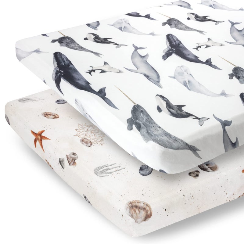 Pobibaby  2 Pack Premium Pack N Play Sheets Fitted for Standard Pack and Plays and Mini Cribs  UltraSoft Jersey Knit Stylish Ocean Pattern Safe and Snug for Baby Seaside