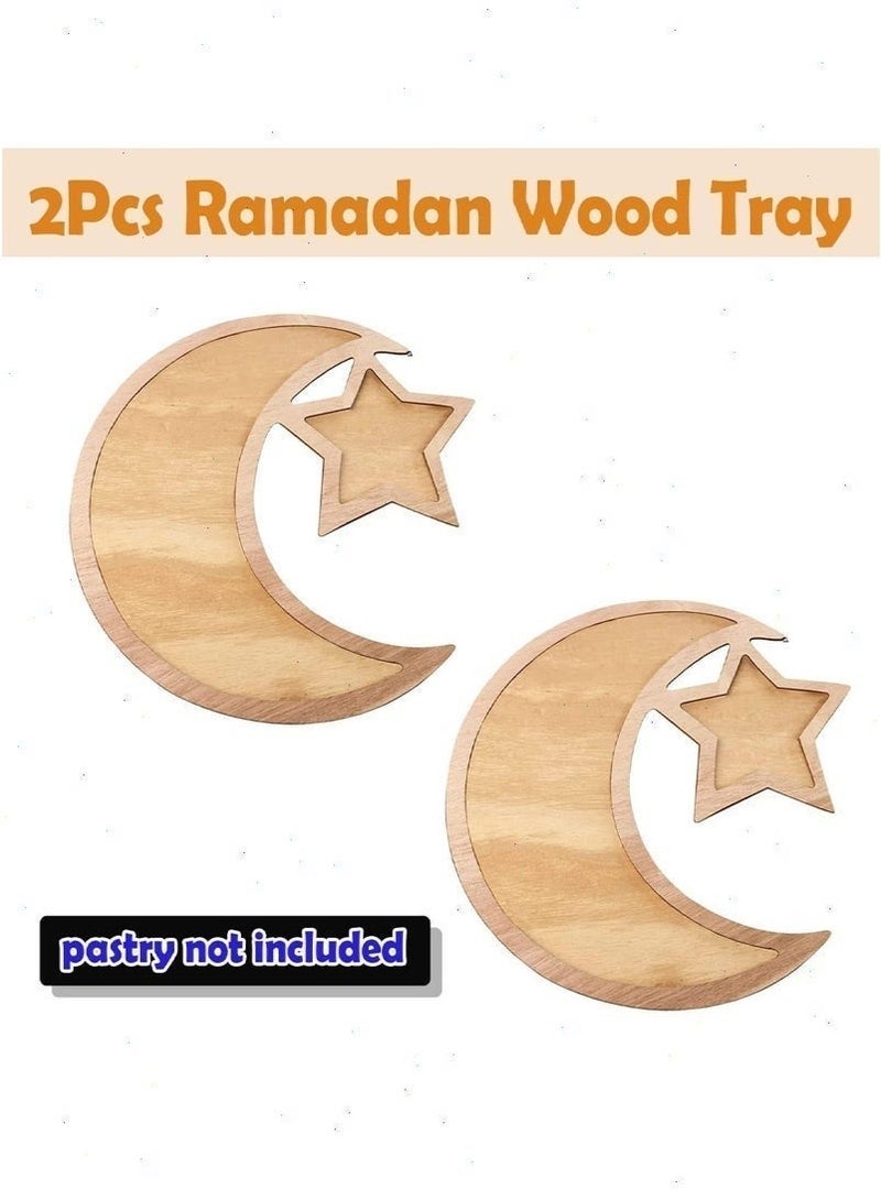 قطعتان من صواني رمضان، صينية عيد الفطر، صينية حلويات خشبية بمناسبة رمضان مبارك، صينية بنقوش النجمة والهلال، صينية تقديم لرمضان، صينية طعام لتزيين المنزل، زينة طاولة لعيد الفطر المبارك. - Image 2