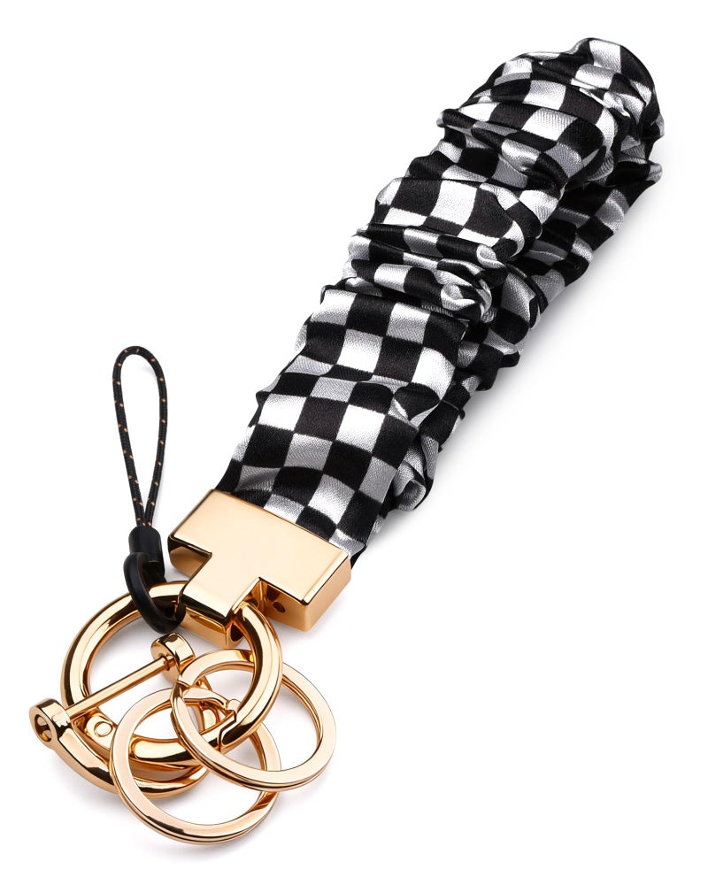 Handlein Black White Check Scrunchie Keychain Wristlet, Cute Stretch Key Chain for Women, Wrist Lanyard for Car Keys Wallet, Gym & Travel (Black White Check) - Image 1