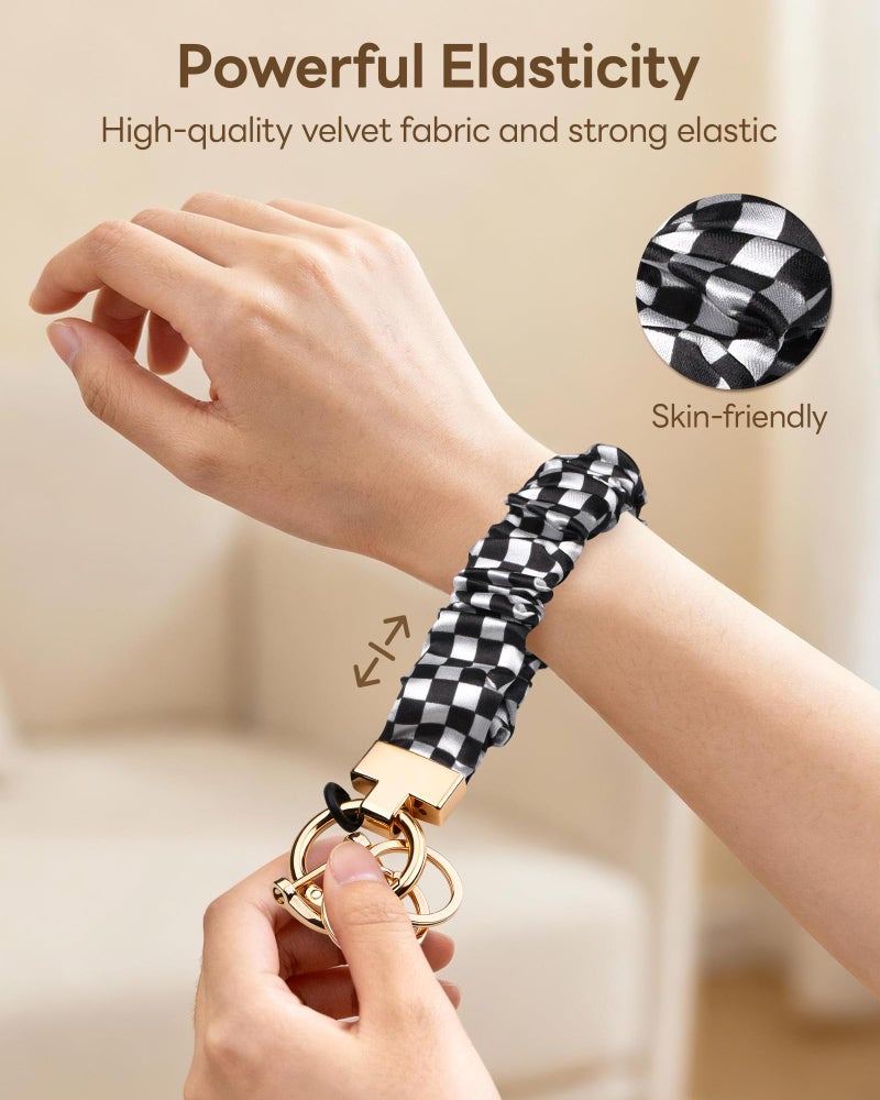 Handlein Black White Check Scrunchie Keychain Wristlet, Cute Stretch Key Chain for Women, Wrist Lanyard for Car Keys Wallet, Gym & Travel (Black White Check) - Image 5