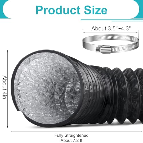 LECWELL Dryer Vent Hose,4 Inch x 7.2 FT Flexible Aluminum Duct-PVC Aluminum Foil Multi-Layer Air Ducting for HVAC Ventilation, Exhaust Fan,Grow Tent,2 Clamps Included - Image 2