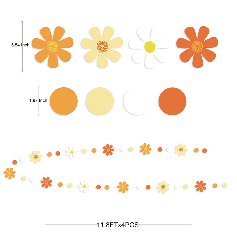 pinkblume 47.2 Ft Groovy Party Decorations Boho Daisy Polka Dot Garland Streamer Ombre Orange Daisy Banner Cutouts For Birthday Baby Shower Wedding Bridal Shower Spring Summer Fall Retro Hippie Decor Supplies - Image 2