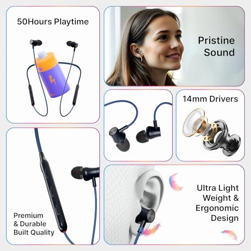 pTron Tangent Evolve w/ 50Hrs Playtime, HD Mic, Pristine Sound, 14mm Drivers, Bluetooth V5.3 w/Dual-Device Pairing Wireless Neckband, Magnetic Buds, Voice Assistant,Type-C Charging & IPX4(Black/Blue) - Image 2