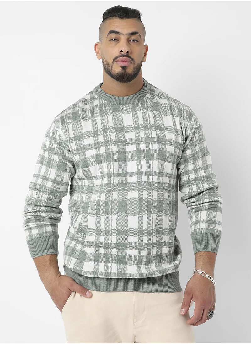 انستافاب بلس Instafab Plus Men's Olive Green Tartan Plaid Knitted Pullover Sweater For Casual Wear | Crew Neck | Long Sleeve | Pull On Closure | Woll sweater Crafted With Comfort Fit For Everyday Wear