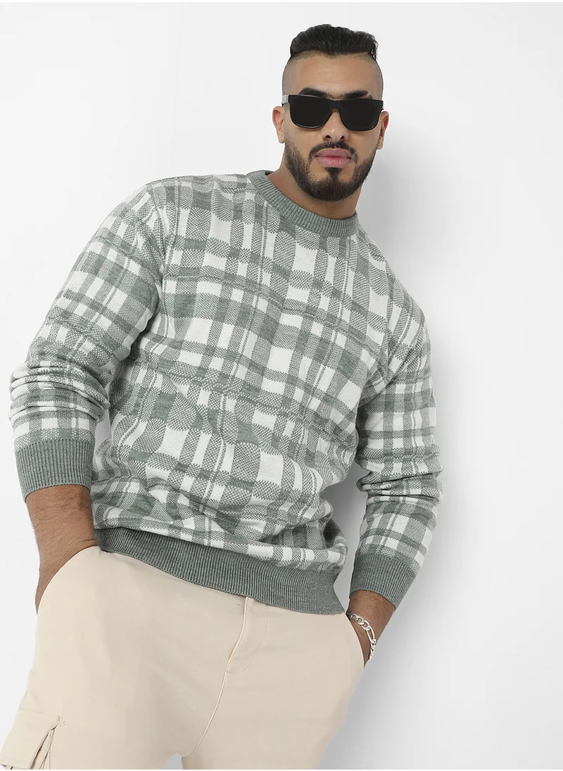 انستافاب بلس Instafab Plus Men's Olive Green Tartan Plaid Knitted Pullover Sweater For Casual Wear | Crew Neck | Long Sleeve | Pull On Closure | Woll sweater Crafted With Comfort Fit For Everyday Wear