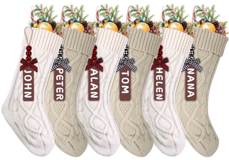 XIMISHOP 6pack Christmas Stockings 18inch Large Personalized Cable Knitted Xmas Hanging Stocking Decorations with Name Tags for Holiday Christmas Party Family Decor Khaki and White