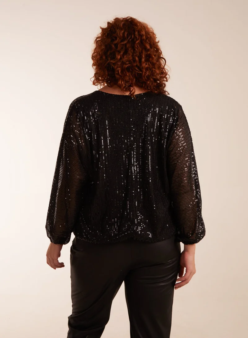 Blue Vanilla Curve Sequin Batwing Blouse