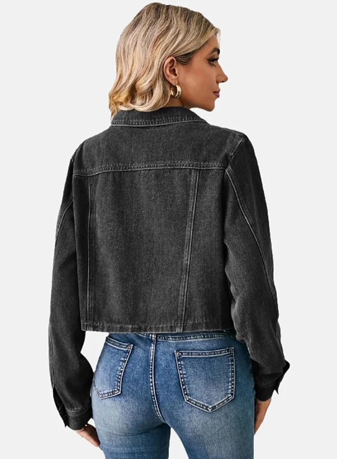 YUNIQEE Black Collared Long Sleeve Denim Jacket