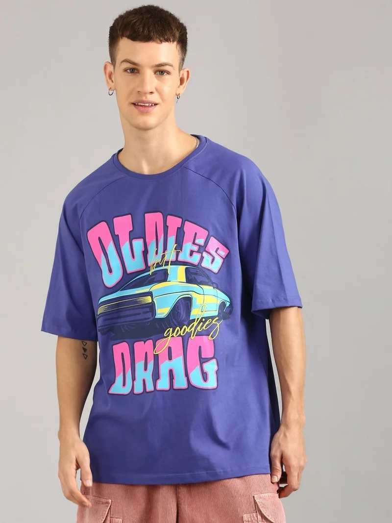 Joven Men Violet Printed and Embridered Pure Cotton Oversized Ragaln T-Shirt