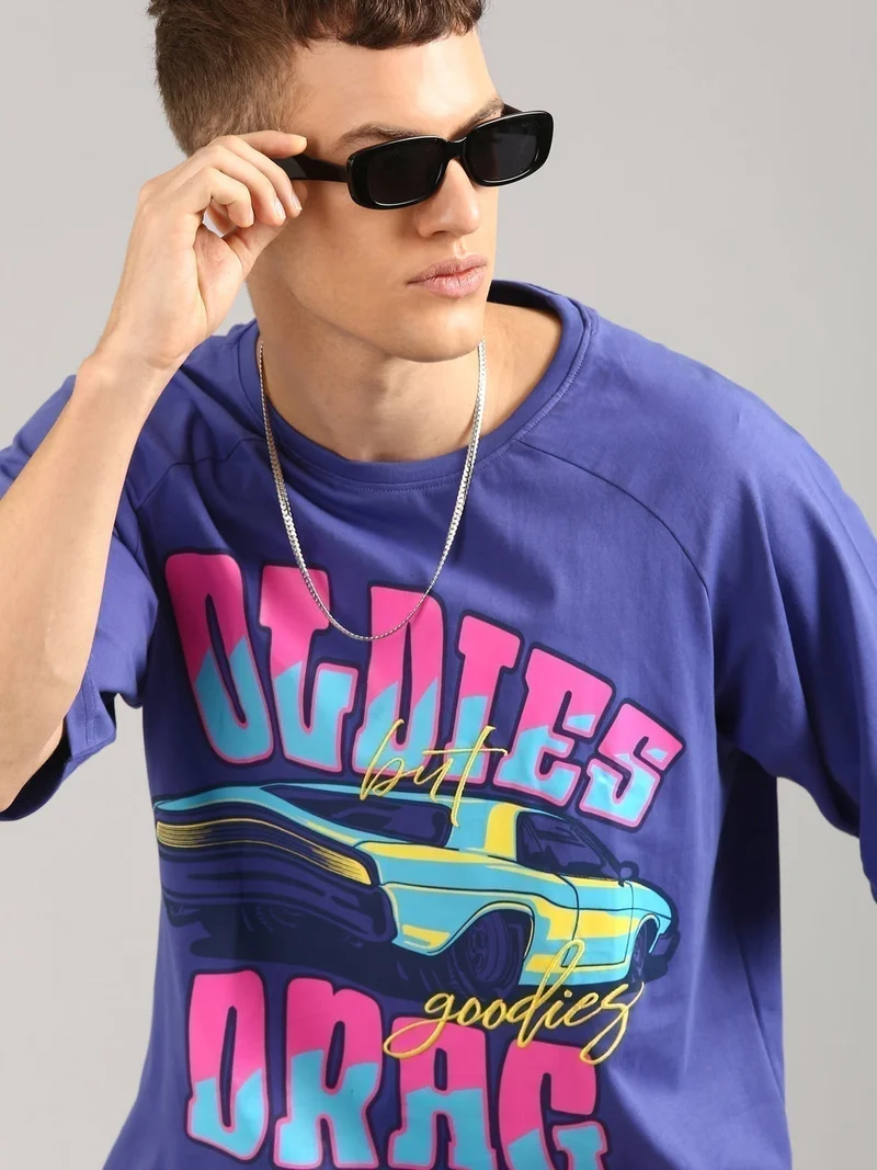 Joven Men Violet Printed and Embridered Pure Cotton Oversized Ragaln T-Shirt