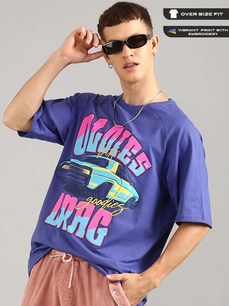 Joven Men Violet Printed and Embridered Pure Cotton Oversized Ragaln T-Shirt