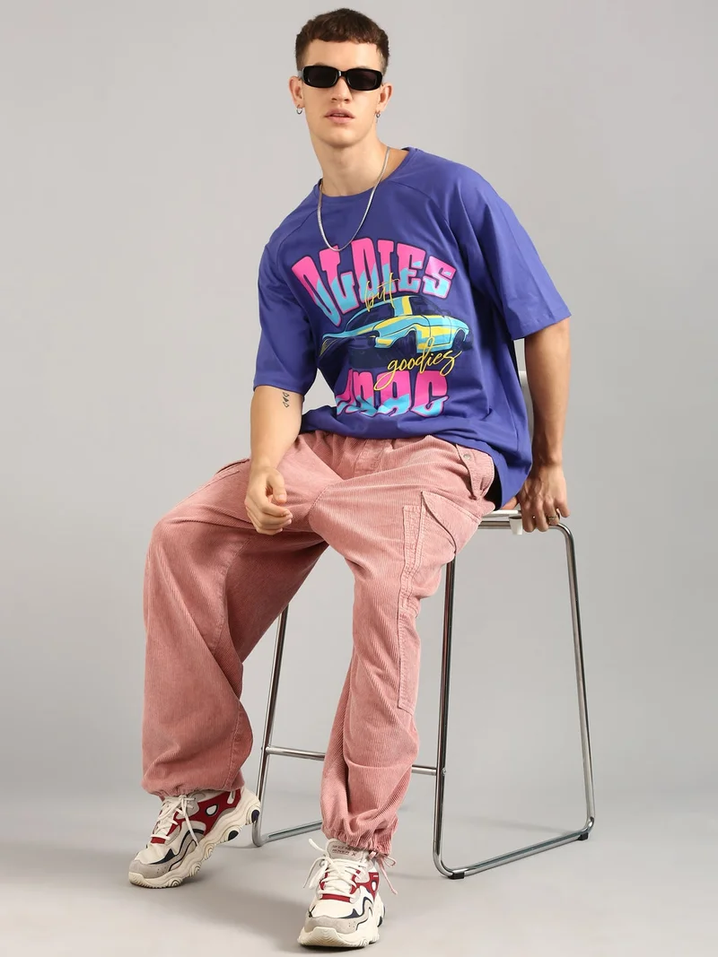 Joven Violet Men Violet Printed and Embridered Pure Cotton Oversized Ragaln T-Shirt for Men | Best Price UAE