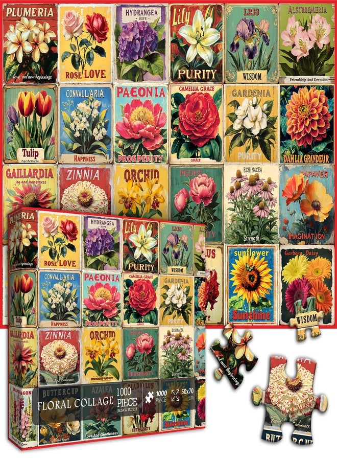 PICKFORU Vintage Flower Puzzles for Adults 1000 Pieces, Unique Beautiful Floral Collage Art Jigsaw Puzzles, Spring Nature Plant Themed, Retro Colorful Challenging for Adults - Image 2