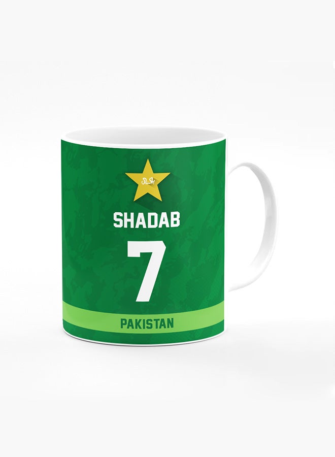 Stylizedd Designer Printed Coffee Mug with Heavy Duty Handle 11oz Ceramic Personalised Gift Mugs Cup [Microwave Safe & Dishwasher Proof ] - Cricket Player - Shadab Khan, Jersey Number - 7 (With Logo) - Image 1