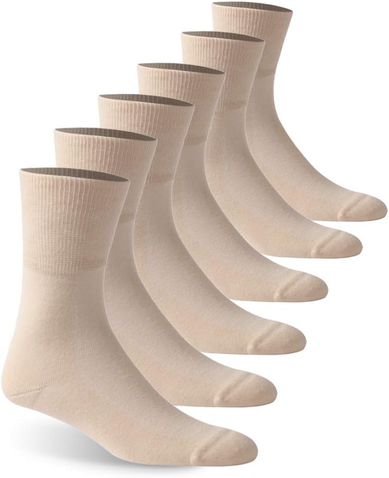 Facool Womens Diabetic Socks, Warm Cushion Cotton Crew Non Binding Loose Top Circulatory Diabetes Seamless Toe Moisture Wicking Wellness Socks, 6 Pairs Beige Medium