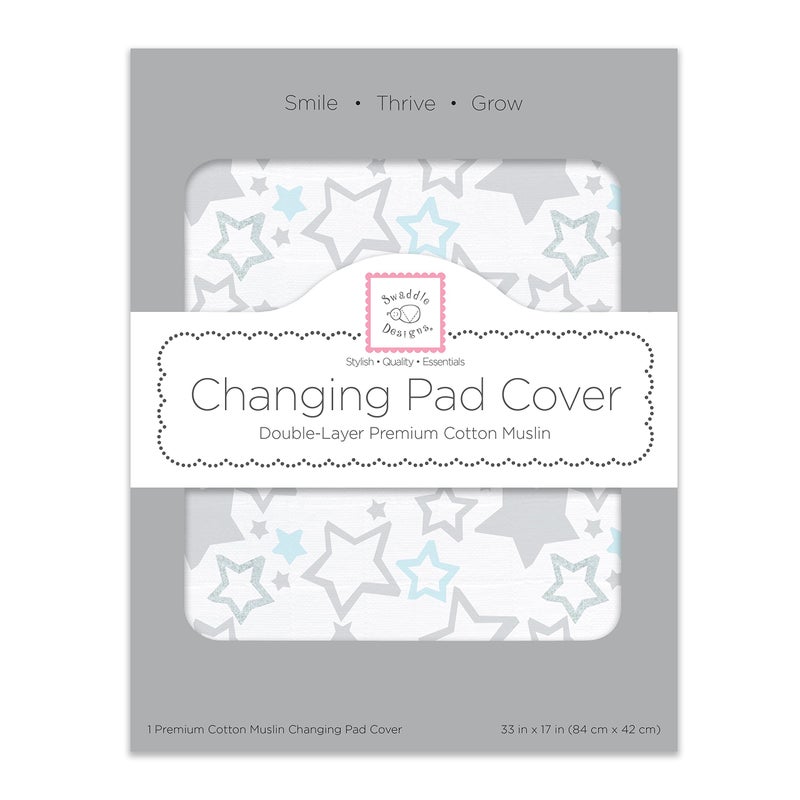 SwaddleDesigns Softest Cotton Muslin Changing Pad Cover, Pastel Blue & Sterling Starshine - Image 2