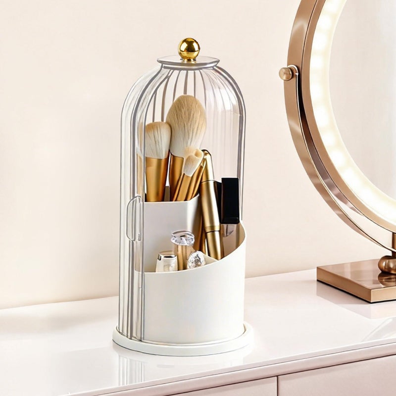 Hvygss 360Â° Rotating Makeup Brush Holder with Lid, Waterproof Three-Compartment Makeup Organizer, 180Â° Side-Pull Door Desk Organizer, Dustproof Brush Holder for Vanity and Bathroom (Transparent) - Image 1