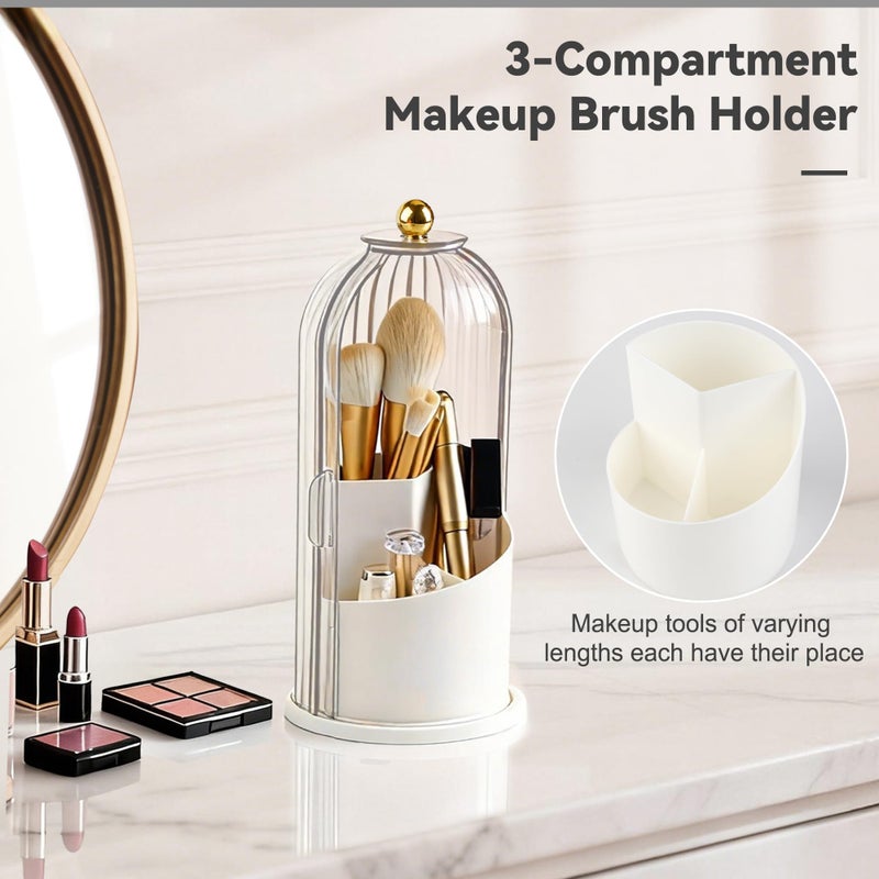 Hvygss 360Â° Rotating Makeup Brush Holder with Lid, Waterproof Three-Compartment Makeup Organizer, 180Â° Side-Pull Door Desk Organizer, Dustproof Brush Holder for Vanity and Bathroom (Transparent) - Image 2