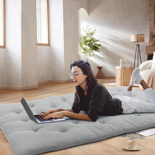 IMSMARTMART Cotton Mattress Futon Single Bed Mattress Foldable Roll Up Tatami 2.5" Thicken Futon Roll Up Floor Mat, Tufted Sleeping Pad with Ties, Guest Bed, Light Grey (Single 36X72 Inches) - Image 2