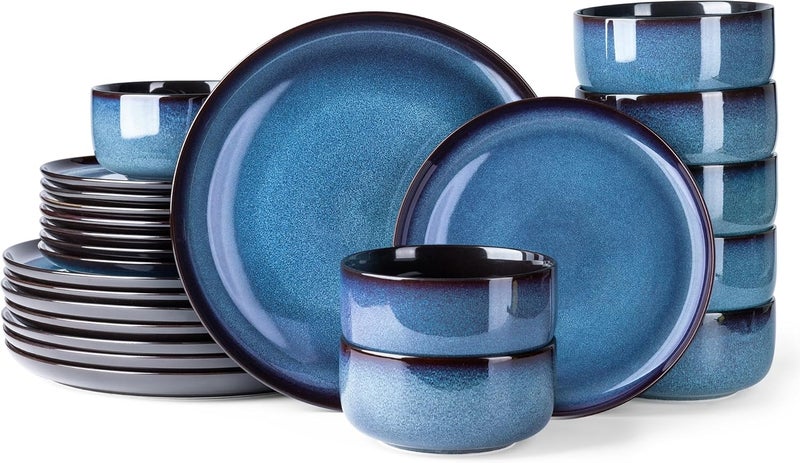 LERATIO Ceramic Dinnerware Sets for 8Stoneware Plates and Bowls SetsReactive Glaze Dishes SetHighly Chip and Crack Resistant  Dishwasher  Microwave  Oven Safe Dishes setService for 8Blue24pc - Image 1