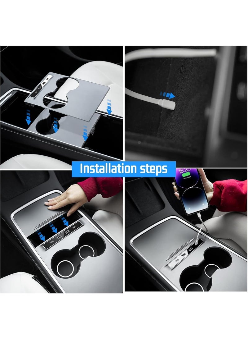 USB Hub for Tesla, Multiport Center Console Adapter Accessories for Model 3 Model Y 2021 2022 2023, Docking Station of Center Console, Smart Sensor Fast Charging Adapter - Image 4