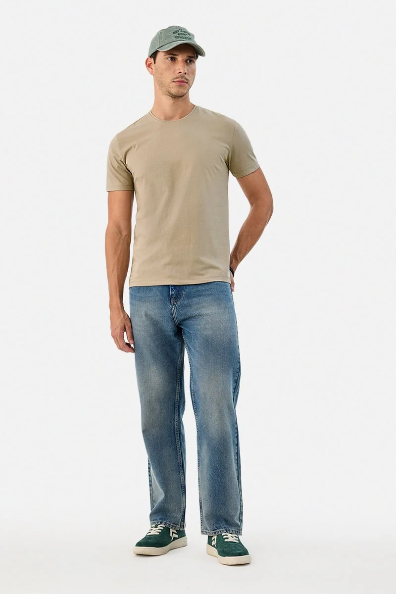 سنيتش Beige Solid Half Sleeve Regular Fit T-Shirt