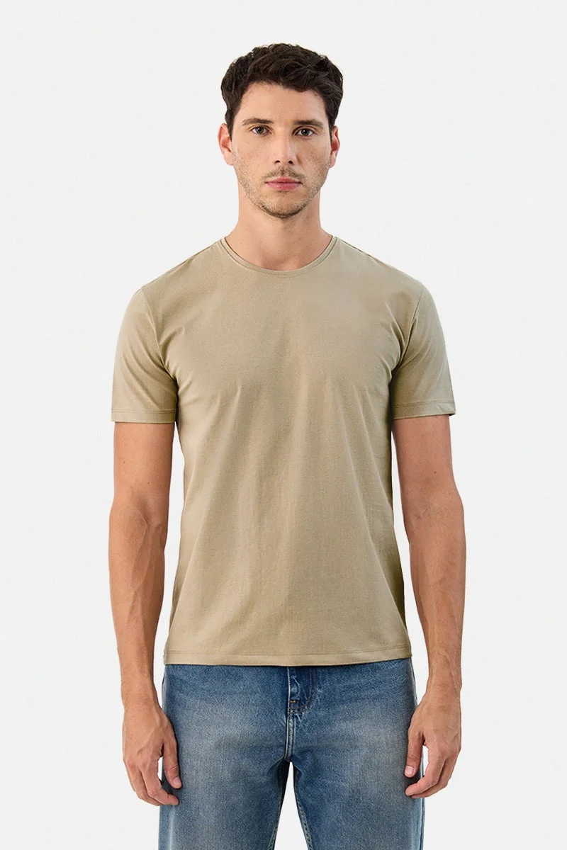سنيتش Beige Solid Half Sleeve Regular Fit T-Shirt
