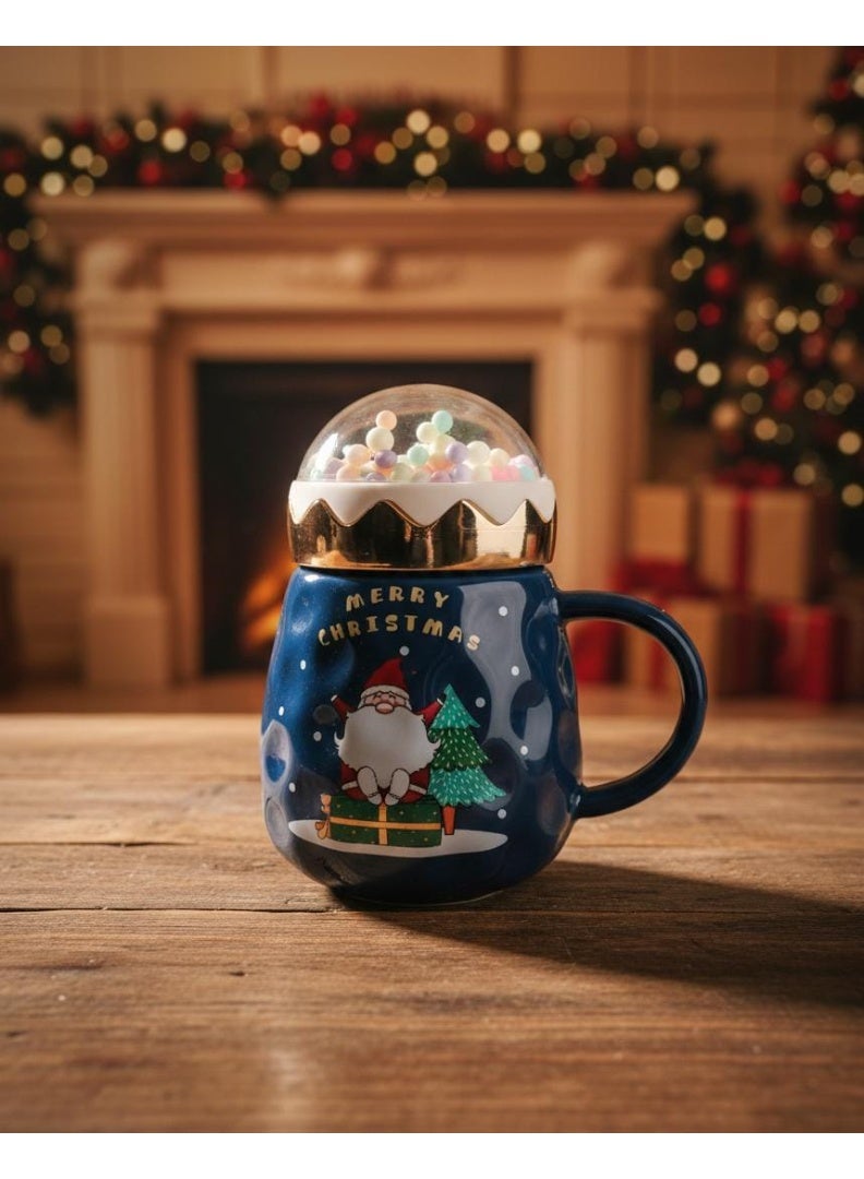Ylad, Coffee mug with bubble lid, Christmas porcelain with comfortable grip, Santa Claus design mug, Christmas mug, hot chocolate mug, gift mug (blue)