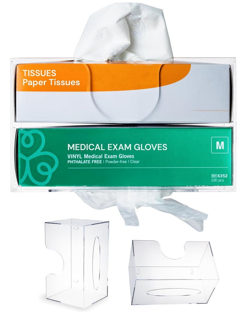 SimplyImagine Acrylic Glove Dispenser & Tissue Organizer - Clear, Pack of 1 - Wall-Mount Big Tissue Box Holder - 2-Tier Wipe Organizer - Glove Dispenser Wall Mount - Image 1