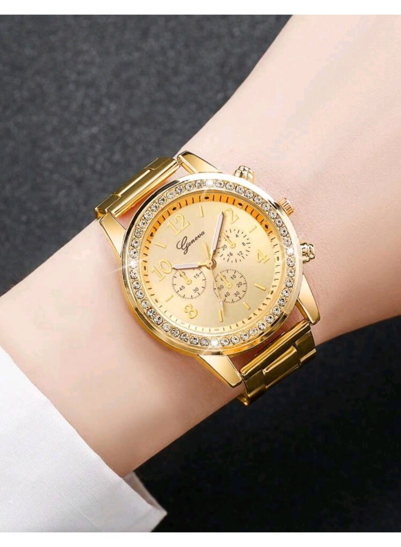 Geneva Women's Gold-Tone Steel Band Fashion Watch with Diamond Inlay and Numerical Dial - Image 2