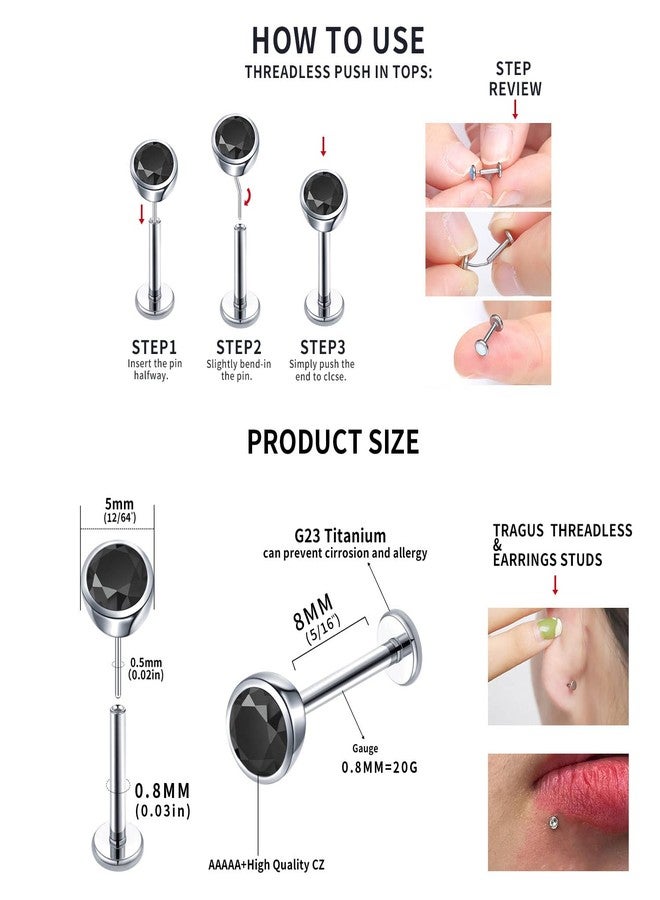 VOJO Flat Back Stud Earrings 20G G23 Titanium CZ Hypoallergenic Threadless Cartilage Piercing Jewelry for Women (20G, Black CZ) - Image 2