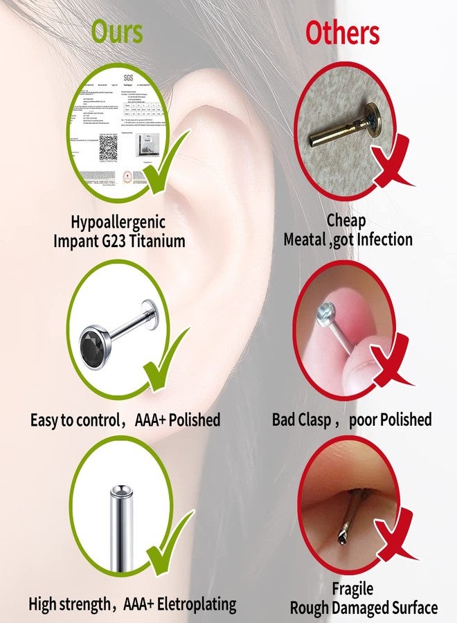 VOJO Flat Back Stud Earrings 20G G23 Titanium CZ Hypoallergenic Threadless Cartilage Piercing Jewelry for Women (20G, Black CZ) - Image 5