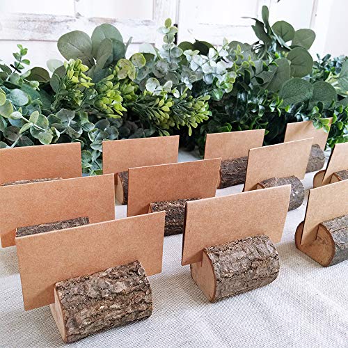 Supla 20 Pcs Rustic Wood Place Card Holders Wooden Table Numbers Holder Stand Wooden Bark Memo Holder Card Photo Picture Note Clip Holders and Kraft Place Cards Bulk Wedding Party Table Number Sign - Image 4