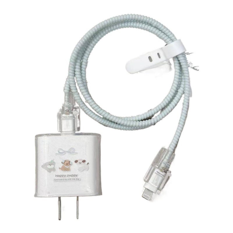 20W Charger Head and Cable End Protector Set with Cute Style in 蝴蝶结小狗 with Decorative Design Anti Bend Protection and Daily Cable Care - Lilac Ribbon - Image 1