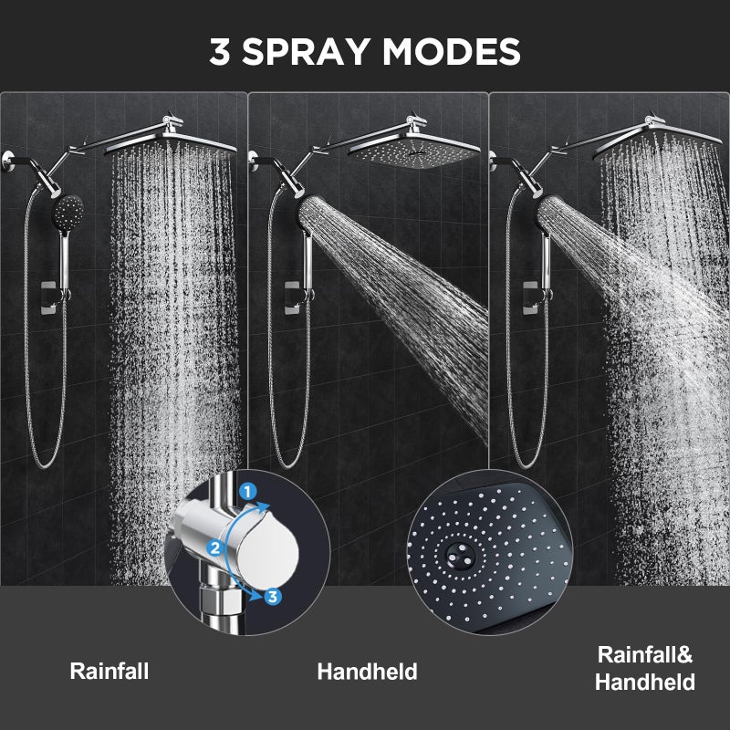 Veken 11.8" Rain Shower Head with Handheld, High Pressure Handheld Shower with Multi Spray Modes, Rainfall Combo with Metal Extension Arm, Detachable Dual Showerhead, Bathroom Decor, Chrome Silver - Image 3