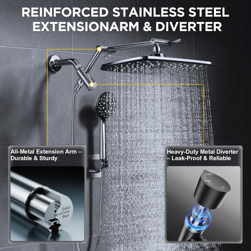Veken 11.8" Rain Shower Head with Handheld, High Pressure Handheld Shower with Multi Spray Modes, Rainfall Combo with Metal Extension Arm, Detachable Dual Showerhead, Bathroom Decor, Chrome Silver - Image 2