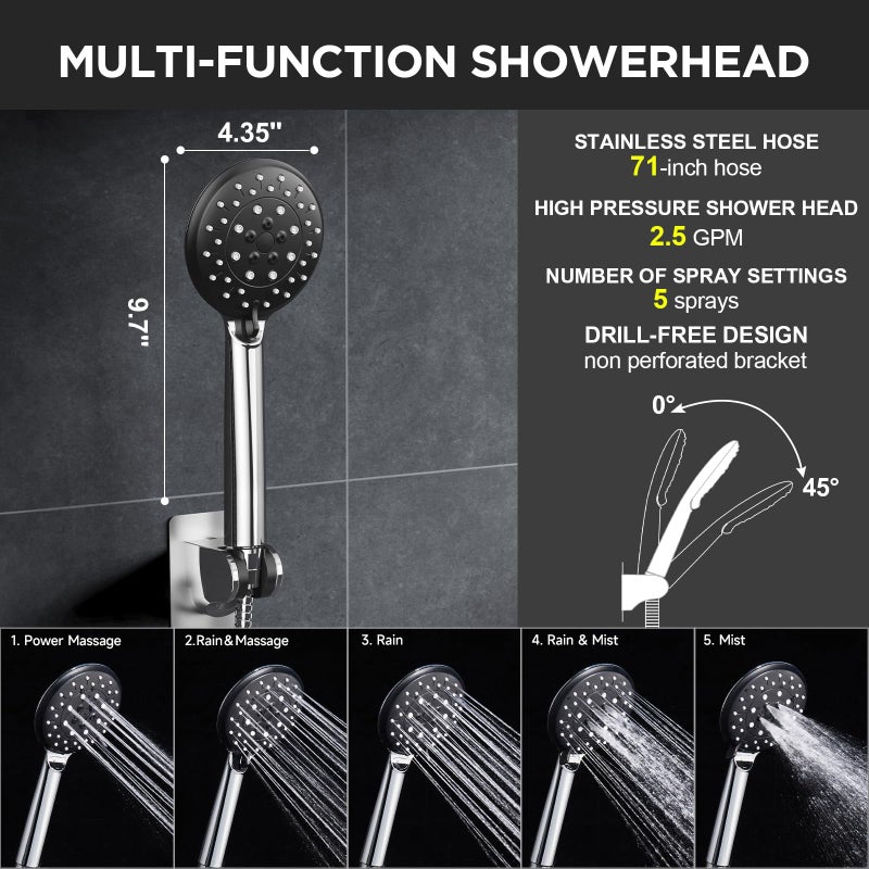 Veken 11.8" Rain Shower Head with Handheld, High Pressure Handheld Shower with Multi Spray Modes, Rainfall Combo with Metal Extension Arm, Detachable Dual Showerhead, Bathroom Decor, Chrome Silver - Image 5