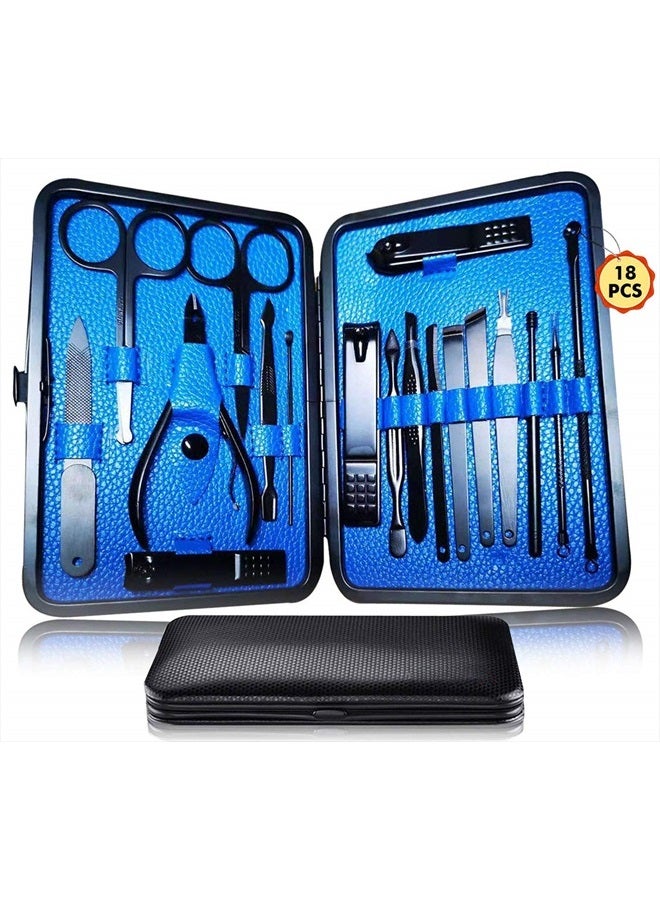 QLNE Manicure Pedicure Kit Nail Clippers Set 18 in 1 High Precision Stainless Steel Cutter File Sharp Scissors for Men & Women Fingernails & Toenails Vibrissac Scissors with Stylish Case (Blue_18in1) - Image 1