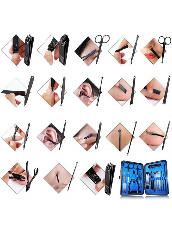 QLNE Manicure Pedicure Kit Nail Clippers Set 18 in 1 High Precision Stainless Steel Cutter File Sharp Scissors for Men & Women Fingernails & Toenails Vibrissac Scissors with Stylish Case (Blue_18in1) - Image 5