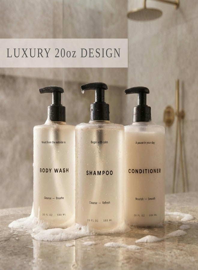 KIBAGA Stylish Shampoo and Conditioner Dispenser Set of 3 - Modern 20oz Shower Soap Bottles with Pump and Labels - Easy to Refill Body Wash Dispensers for an Instant Bathroom Decor Upgrade - Image 3
