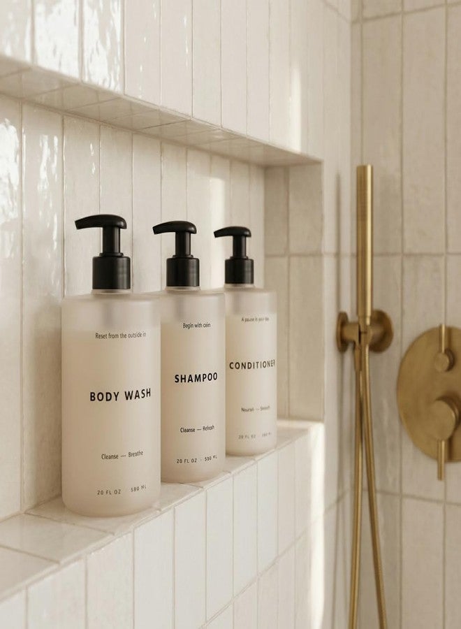 KIBAGA Stylish Shampoo and Conditioner Dispenser Set of 3 - Modern 20oz Shower Soap Bottles with Pump and Labels - Easy to Refill Body Wash Dispensers for an Instant Bathroom Decor Upgrade - Image 2