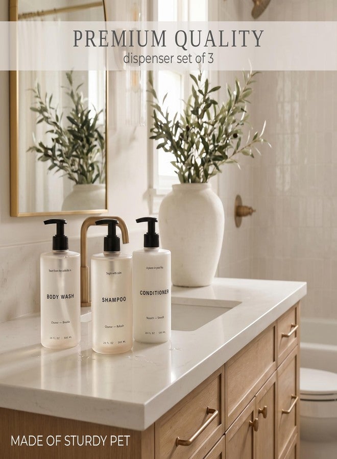 KIBAGA Stylish Shampoo and Conditioner Dispenser Set of 3 - Modern 20oz Shower Soap Bottles with Pump and Labels - Easy to Refill Body Wash Dispensers for an Instant Bathroom Decor Upgrade - Image 4