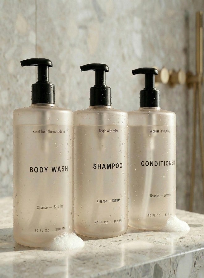 KIBAGA Stylish Shampoo and Conditioner Dispenser Set of 3 - Modern 20oz Shower Soap Bottles with Pump and Labels - Easy to Refill Body Wash Dispensers for an Instant Bathroom Decor Upgrade - Image 1