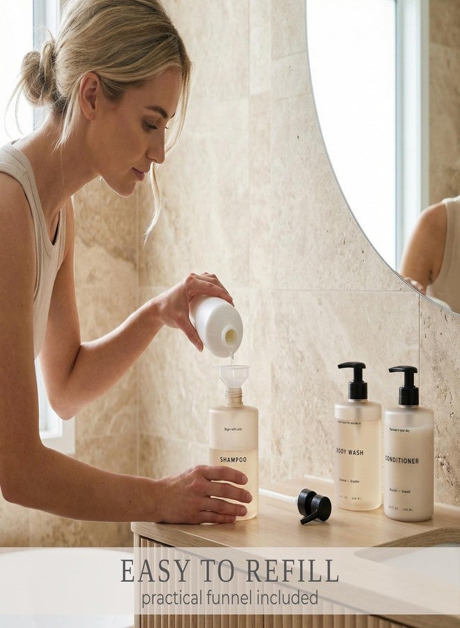 KIBAGA Stylish Shampoo and Conditioner Dispenser Set of 3 - Modern 20oz Shower Soap Bottles with Pump and Labels - Easy to Refill Body Wash Dispensers for an Instant Bathroom Decor Upgrade - Image 5