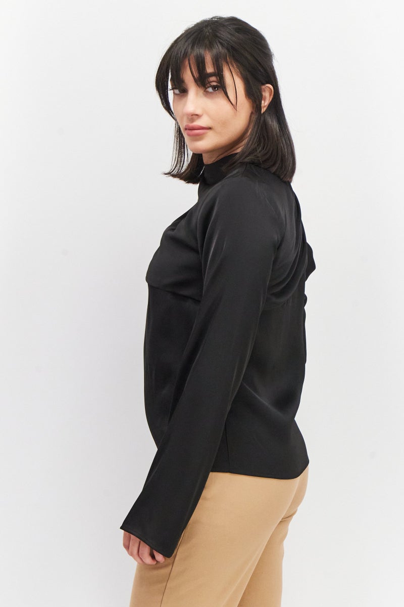 PRETTY LAVISH Women High Neck Long Sleeves Solid Blouse, Black - Image 3