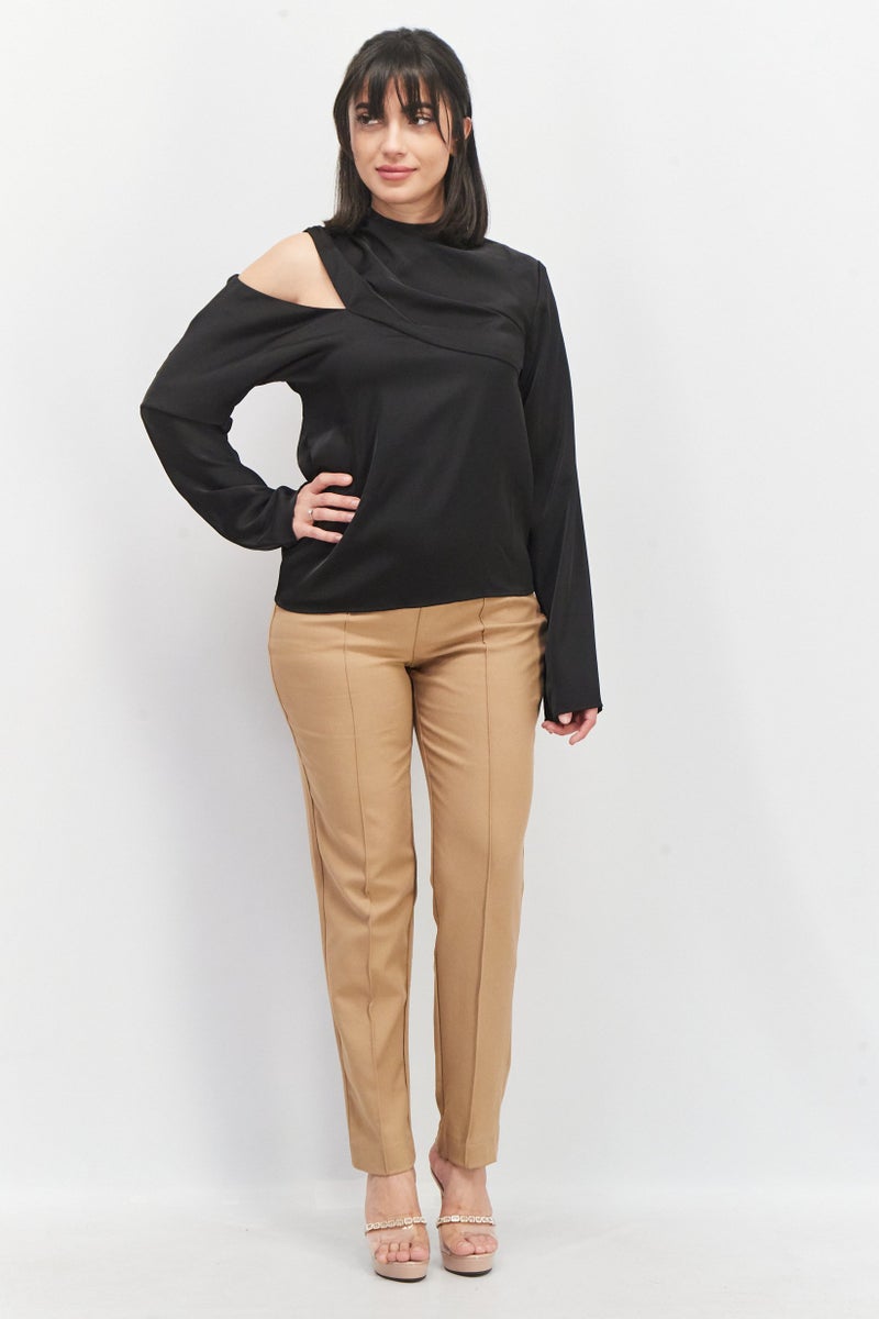 PRETTY LAVISH Women High Neck Long Sleeves Solid Blouse, Black - Image 4