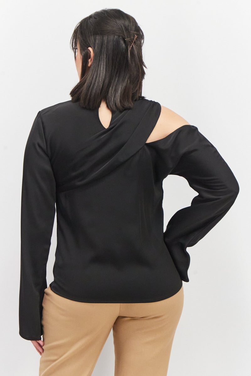 PRETTY LAVISH Women High Neck Long Sleeves Solid Blouse, Black - Image 2