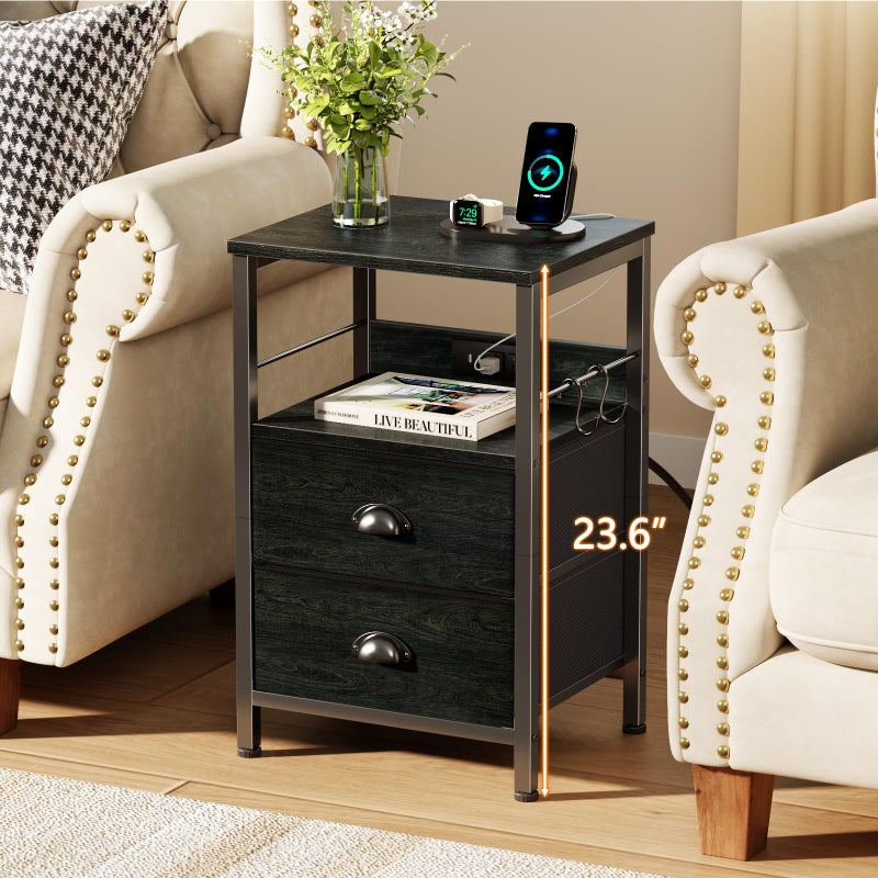 Furologee Nightstand with Charging Station, Black Night Stand with 2 Fabric Drawers, Side Table with USB Ports, End Table with Storage Shelf, for Living Room/Bedroom, Black Oak - Image 3