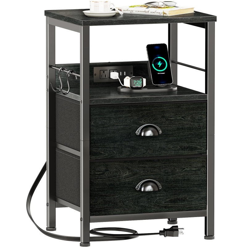 Furologee Nightstand with Charging Station, Black Night Stand with 2 Fabric Drawers, Side Table with USB Ports, End Table with Storage Shelf, for Living Room/Bedroom, Black Oak - Image 1