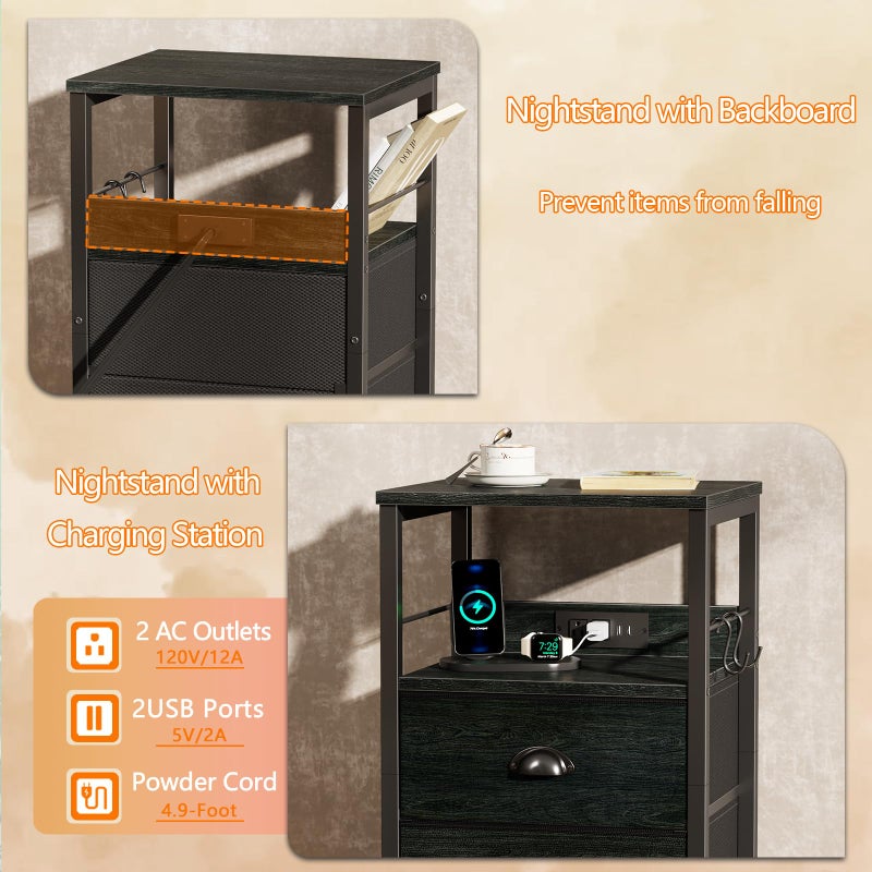 Furologee Nightstand with Charging Station, Black Night Stand with 2 Fabric Drawers, Side Table with USB Ports, End Table with Storage Shelf, for Living Room/Bedroom, Black Oak - Image 5